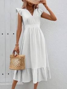 Elegante Vestido Largo De Color Sólido Para Mujer, Vestido Manga Corta Con Volante, Vestido Morado Cuello en V - Blanco - Ver 5