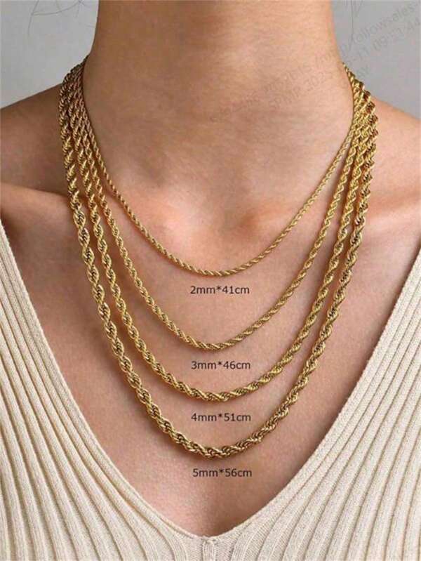 Een ketting van titaniumstaal met 18-karaats goudlaag in een gedraaide koordstijl, verkrijgbaar in verschillende maten, kan gemakkelijk worden gecombineerd met hangers, is waterdicht en vervaagt niet.