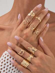 9 件套优雅海洋主题金色金属海星、花朵、珊瑚、几何开口戒指，适合日常、海滩、派对佩戴，节日礼物 - 查看 3