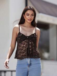 Women's Cropped Lace Cami Tops Sleeveless Open Back Open Front  Tie Up Tank Tops - màu nâu - Xem 6