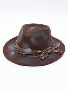 1 件男女通用羊毛波西米亚羽毛装饰软呢帽，复古美式裂纹风格