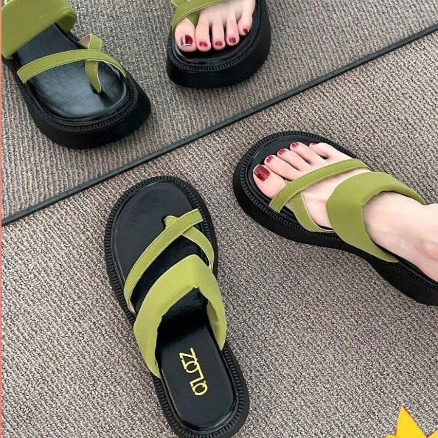 Women's Chunky Sandals 2025 Summer Outdoor Fashion Platform Sandals Casual Versatile Clip Toe Herringbone Beach Slippers - 綠色 - 查看 1