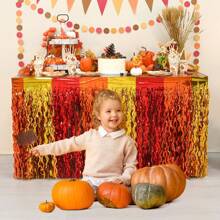 1pc Red, Orange & Gold Metallic Foil Wave Fringe Table Skirt, Fits Rectangular & Round Tables, Thanksgiving Party Harvest Autumn Season Table Decor Gift