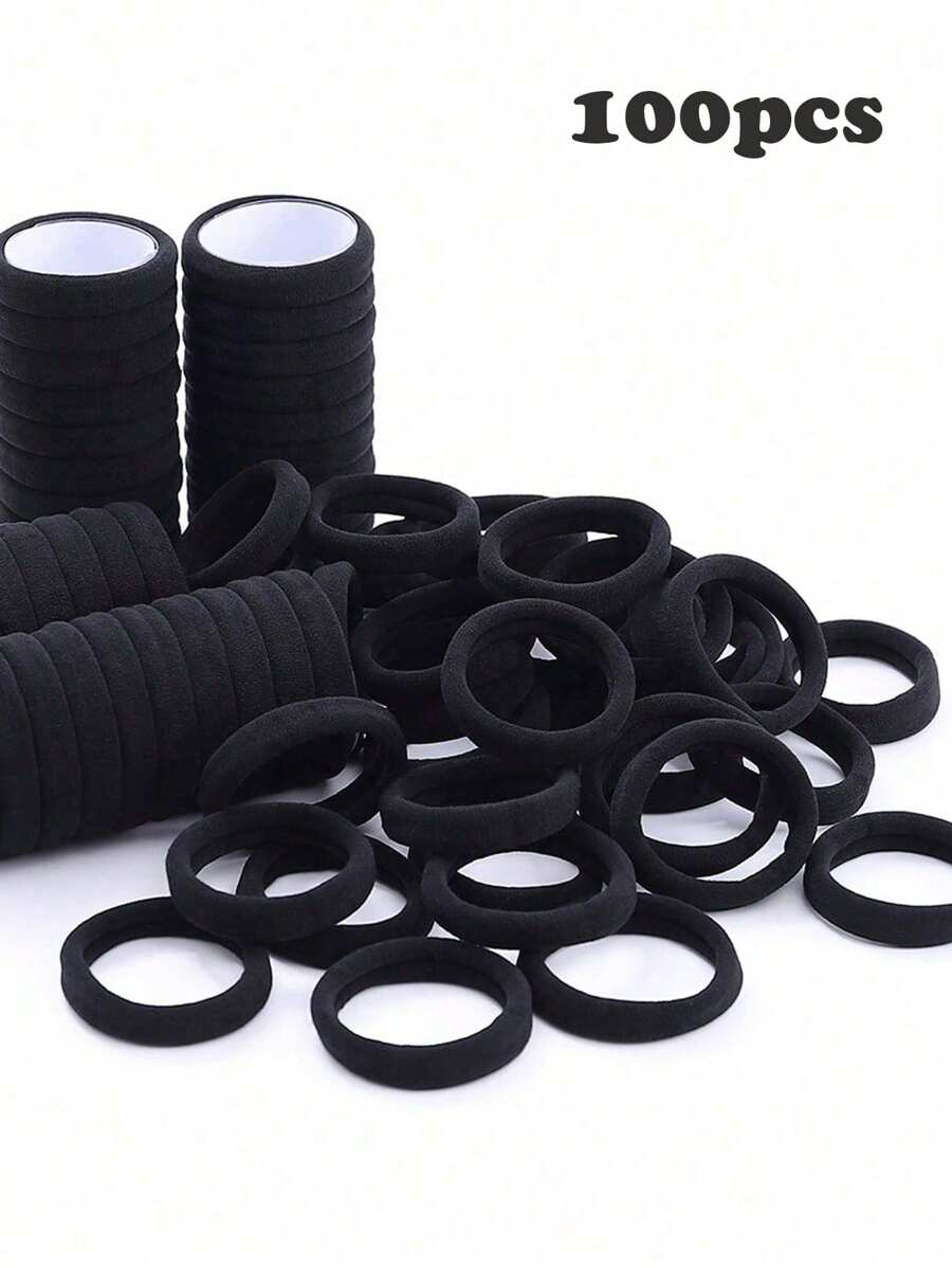 Set de 100 piezas Bandas elásticas sencillas de color negro básico de 4 cm para mujeres y niñas, accesorios para el cabello, sujetadores de coleta, ligas para el cabello, accesorios para el cabello
