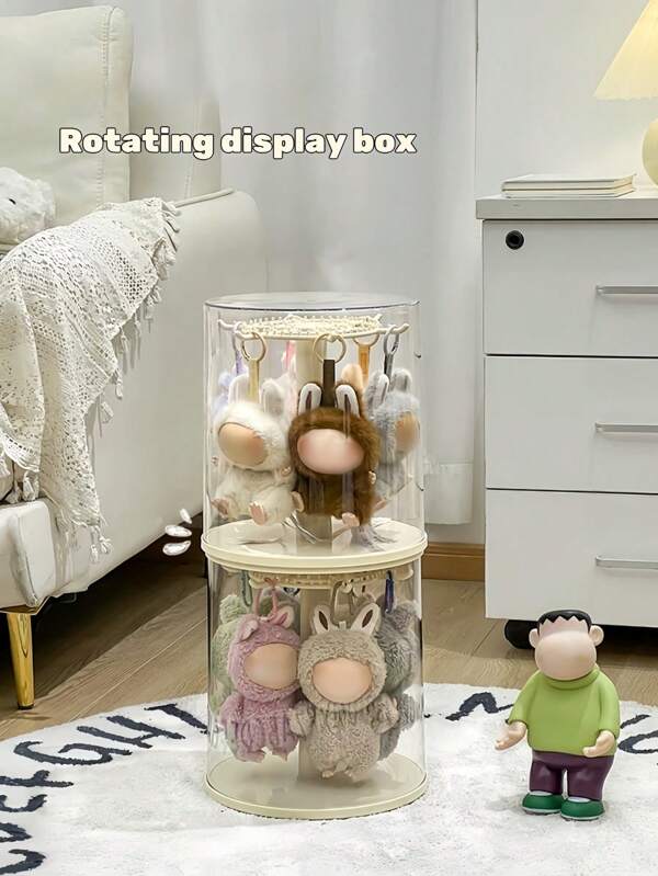 1PC Plush Dolls 360° Rotating Storage Box For Labubu, Acrylic Dustproof Collection Cabinet, Doll Pendant Cylindrical Rotating Display Stand, Perfect For The Monsters Plush Toys (Dolls Not Included), Plush Toy Rotating Display Case|Toy Storage Organizer,Toy Display Case