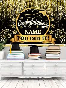 1 件可定制姓名 2025 届毕业生庆祝派对横幅，涤纶材质学士帽蓝/黑金/蓝金/绿图案摄影背景，个性化大学毕业横幅教室背景，家居和户外装饰用品，毕业典礼，派对装饰，三种尺寸可供选择