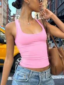 Áo tank top crop top nữ màu hồng trơn, dáng ôm, phong cách thường ngày, gợi cảm, thích hợp cho mùa xuân hè, đi nghỉ mát. - Hồng - Xem 3