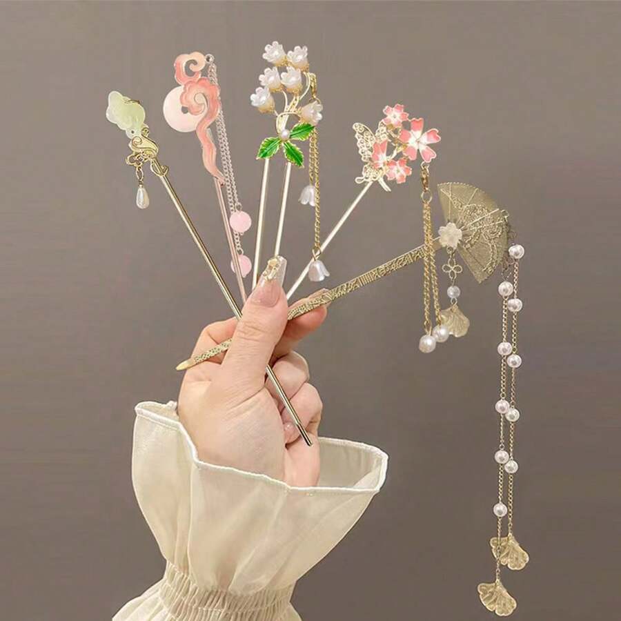 Traditional -Style Hair Stick Decorative Flower Tassel Hair Clip, Elegant Chinese Style Hair Accessory, Versatile For Women - Multicolor - View 1