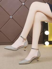 1 Pair Fashionable New Style Teenager High Heel Shoes, One-Buckle Design, Shiny Upper With Kitten Heel, Crystal Shoes For Formal Occasion
