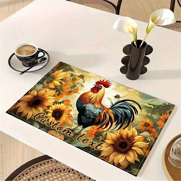4pcs 12" X 18" Simple Vintage Sunflower & Rooster Pattern Placemats, Support Customized Text Such As Names, Dates Or Phrases, Dining Table Decoration, Banquet Decor, Restaurant Home Supplies