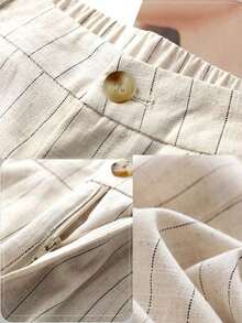 女士腰带中腰条纹色织复古优雅休闲办公室直筒裤（含腰带） - 杏色 - 查看 3