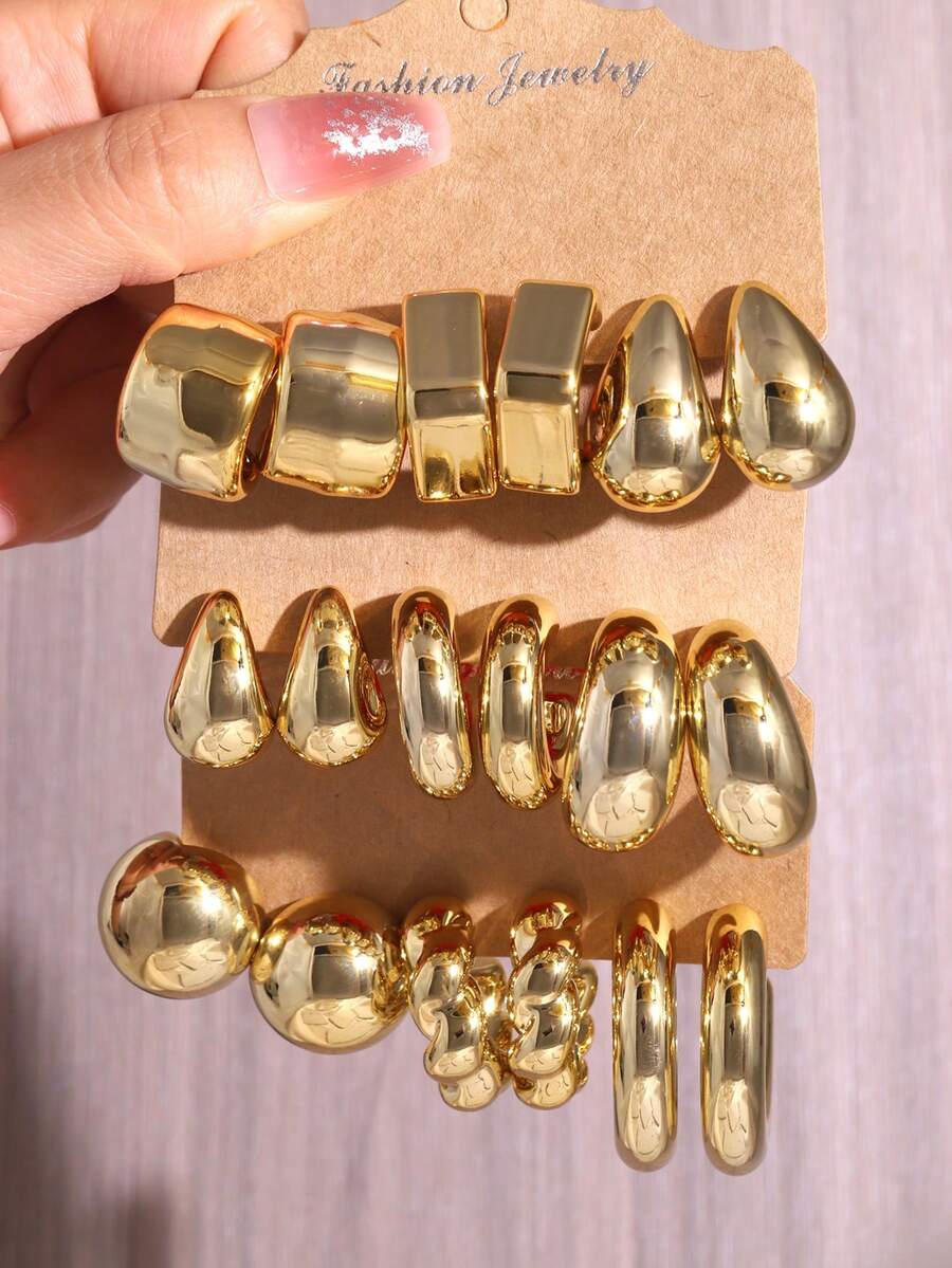 2 件/18 件金色几何独特耳环，优雅女士耳环 - 水滴C形耳環 - 查看 1