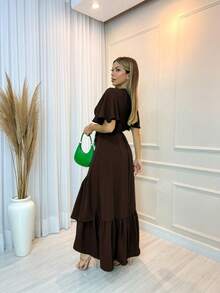 Women's Plain Wrap Dress - 鏽棕色 - 查看 2