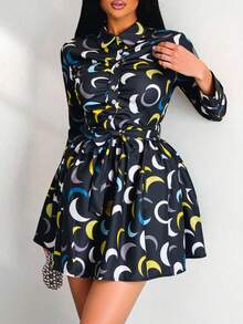 Vestido camisa camisero dama mujer corto manga larga casual cinturon ajustable primavera verano jardin ligero casual noche fiesta divertido oficina - Negro - Ver 1