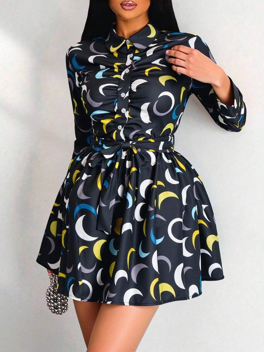 Vestido camisa camisero dama mujer corto manga larga casual cinturon ajustable primavera verano jardin ligero casual noche fiesta divertido oficina - Negro - Ver 1