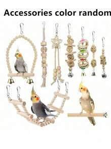 9pcs Bird Toys, Swing, Ladder, Climbing Training Set For Small & Medium Sized Love Birds, Tiger Stripe Peony Parrots, Chew & Grind Teeth