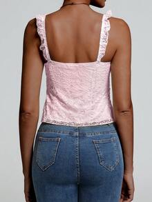 Sexy Lace Ruffled Strap Bow Design Lace Patchwork Sleeveless Tank Top, Spring/Summer New Arrival Casual Pink - Pink - View 3