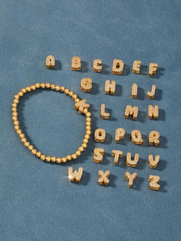 1 pieza Pulsera de cuentas con dije con letras A-Z de circonita brillante, pulsera de cuentas elástica de la suerte apta para uso diario, banquetes y fiestas