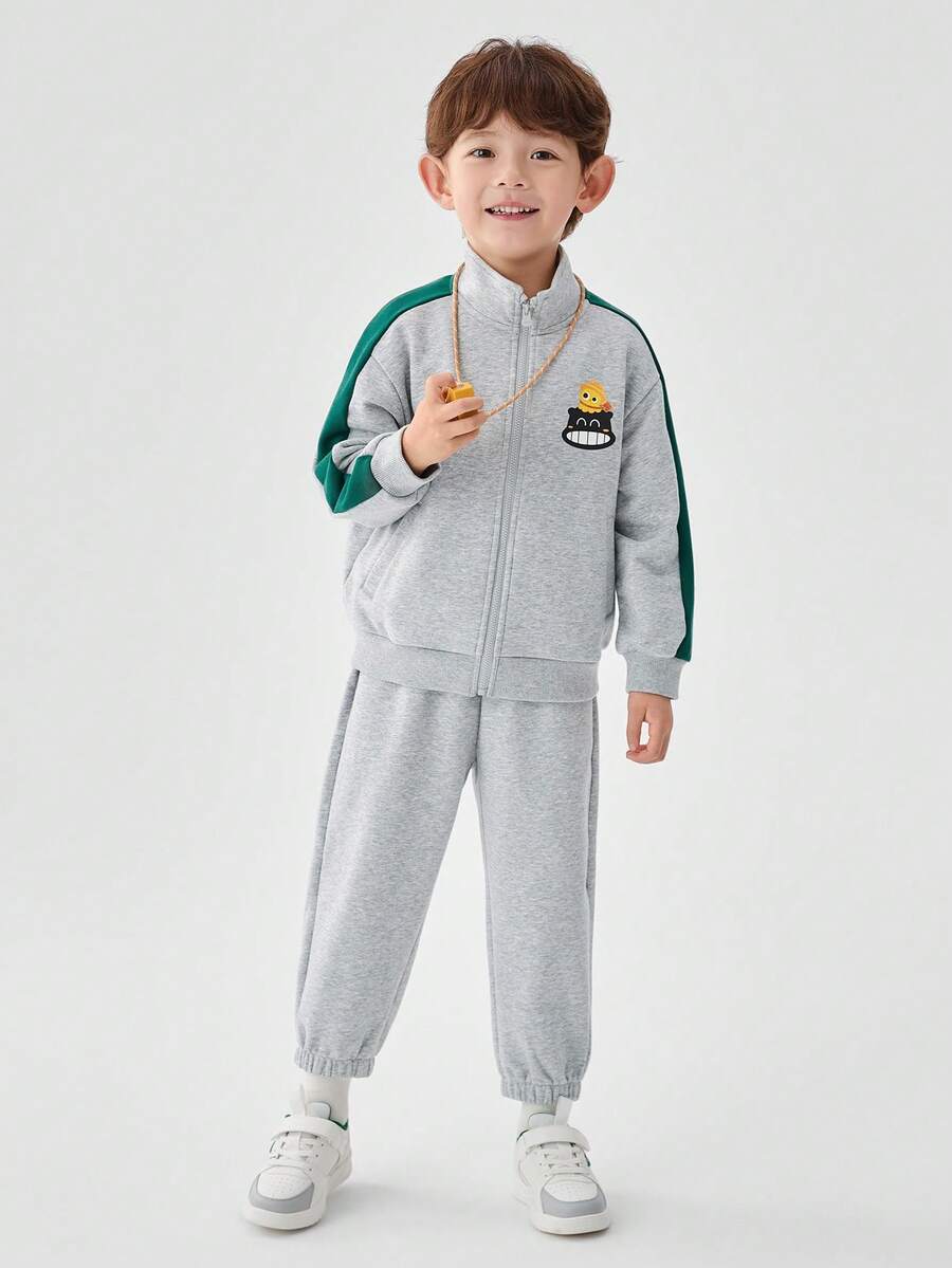 Set de 2 piezas Chaqueta y pantalones casuales con bloque de color para niño pequeño