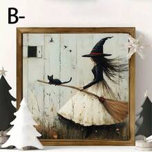 1 PIEZA Decoración de pared de madera de estilo vintage de granja para Halloween - Gato brujo con escoba, murciélago y silueta de calabaza - Decoración de madera natural para interiores/exteriores - Ideas de regalo únicas, para el hogar, la oficina o la cafetería, regalo perfecto para fiestas y vecinos, decoraciones de Halloween