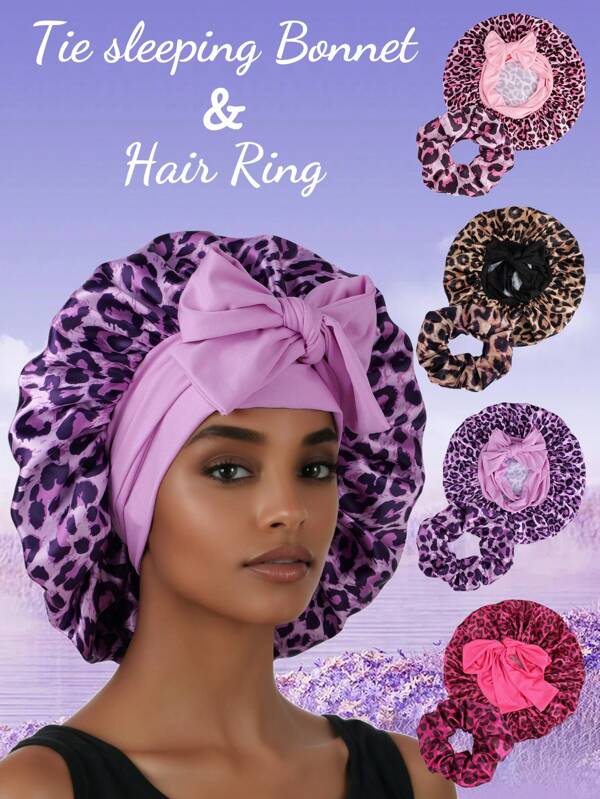 2 Stücke/Set Satin Schlafmütze & Scrunchie Set - Einstellbare lange Bindebonnet mit Gummiband, bedruckter Leopard einfarbiger Einlagen-Haarbedeckung + passendes Haargummi als Nachtmütze zum Schutz lockiger Haare für Frauen