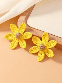 1 Pair Handmade Raffia Straw 6-Petal Flower Stud Earrings In Contrasting Colors Like Beige, Blue, Green, Pink - Bohemian Style, Suitable For Daily Wear