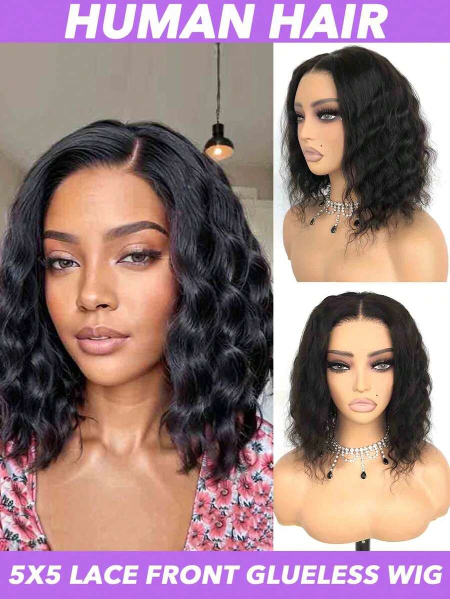 短鲍勃假发 人发蕾丝假发 松散深波浪卷发蕾丝前假发 人发短鲍勃假发 预拔婴儿头发 无胶卷发假发 适合女性 8-12 14 16 英寸