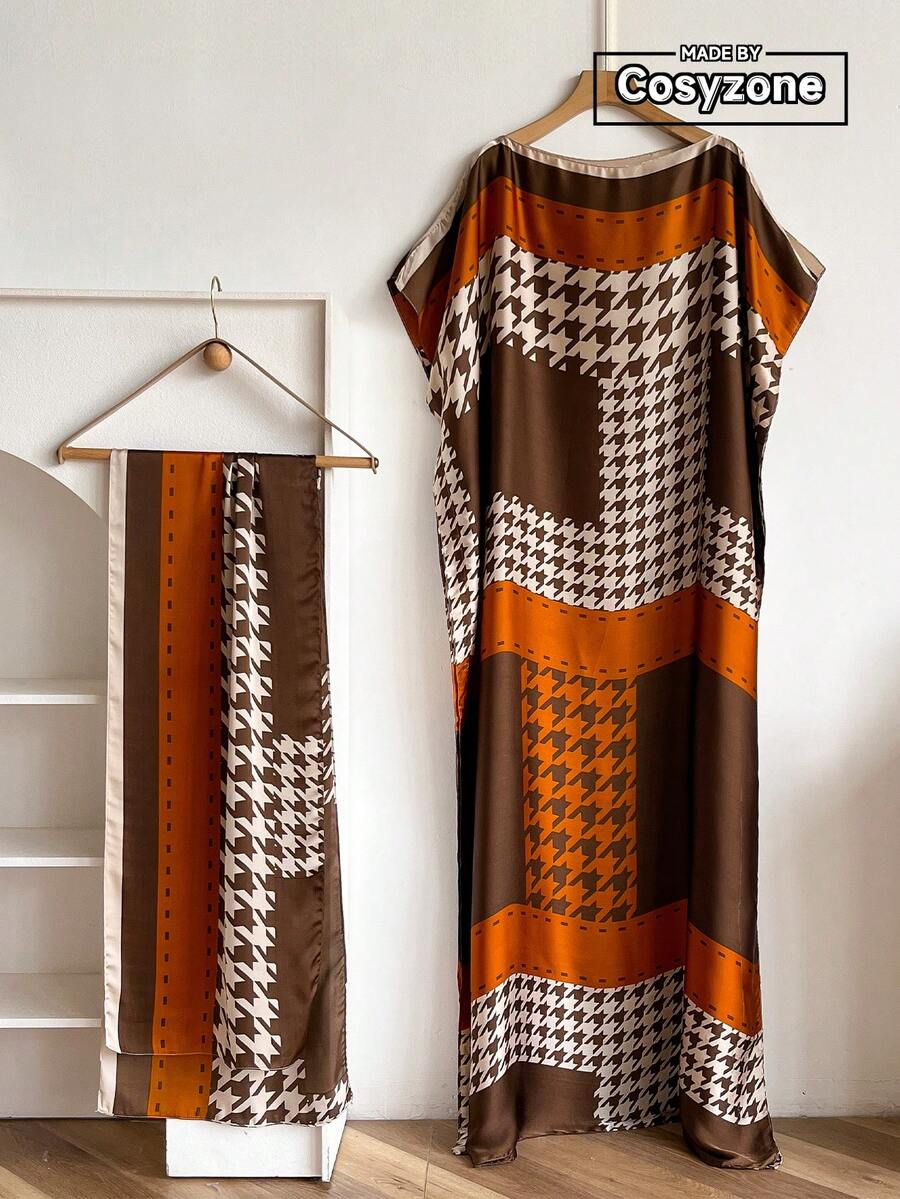 1pc Women Printed Silk-Like Robe Set, Beach Cover Up With Scarf, Summer Beach & Sun Protection For Dress - Brown - View 1