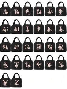 1pc Insulating Lunch Bag A To Z Letter Print Women Cooler Handbags Student Thermal Lunch Bags For Work Thermal Bag For Women Insulated Refrigerated Lunch Box Bag For Man Picnic Bag Fridge Bag Name Initials Pattern Cooler Lunch Box Ice Pack Storage Bag Back To School School Stuff Bag For School Lunch Bag For Women Cooler Bag Picnic Accessories School Accessories - Black - View 2