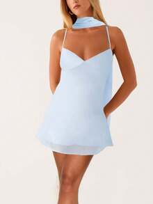 Women Y2K Floral Mini Dress With Choker Scarf Spaghtti Strap V-Neck Low Cut Mesh Bodycon Short Dresses Summer Backless Sleeveless Going Out Cami Dress Beach Vacation Party Club Cute Sundress - 藍色 - 查看 1
