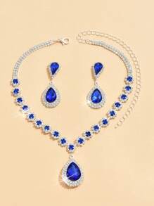 1 pieza Deslumbrante collar de novia con cristales verdes + 1 pieza de aretes de novia de lujo en forma de lágrima con cristales, set de 3 piezas de joyería de novia de moda adecuado para boda, gala, accesorio para vestido formal, festival