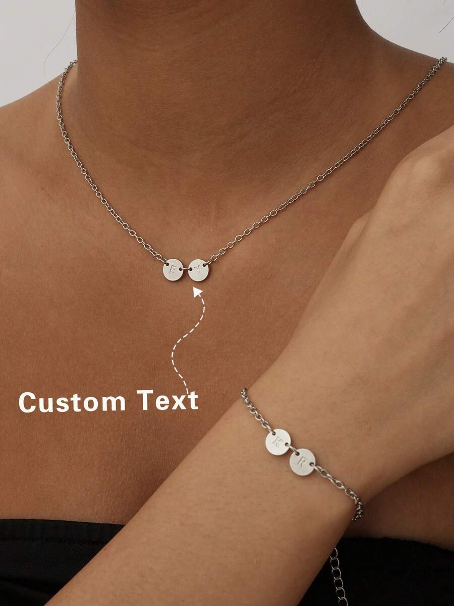 Fashionable, Generous, Cute, Sexy Gold Letter Name Customized Necklace, Stainless Steel Customized Necklace And Bracelet Set, Minimalist Adjustable Necklace And Bracelet, Gift For Family, Lover, Friend, Yourself, Father's Day, Mother's Day, Holiday, Birthday, Anniversary, Wedding, Daily Wear, Party - Silver - View 1