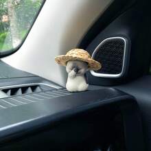 Adorable Straw Hat Cat Car Dashboard Decor - Resin Cartoon Figurine With Playful Pose, Ideal For Vehicle Interior Decoration, Car Decor