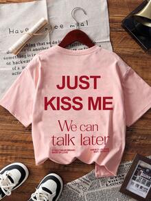 Camiseta casual de cuello redondo blanca de manga corta con estampado de letras sencillo para mujer, versátil y de uso diario, nueva llegada de verano