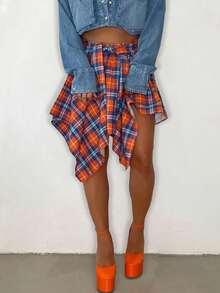 Casual Fashion Style Elastic Waist Colorful Plaid Asymmetrical Hem Midi Skirt For Sping/Summer - 彩色 - 查看 5