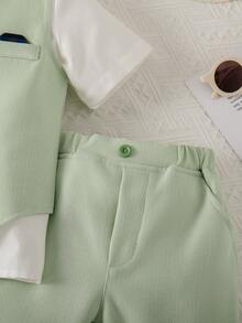 Bộ vest 3 món màu xanh hải quân/xanh lá cây/xám mới cho trẻ em: Áo sơ mi ngắn tay + Áo vest thắt nơ + Quần short, trang phục phù rể mùa hè cho bé trai, quà tặng phong cách quý ông cho bé trai. - Màu xanh Bạc hà - Xem 7