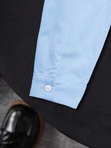 小男孩经典学院风休闲派对戒指持有者刺绣补丁浅蓝色长袖正式衬衫 - 淺藍色 - 查看 5