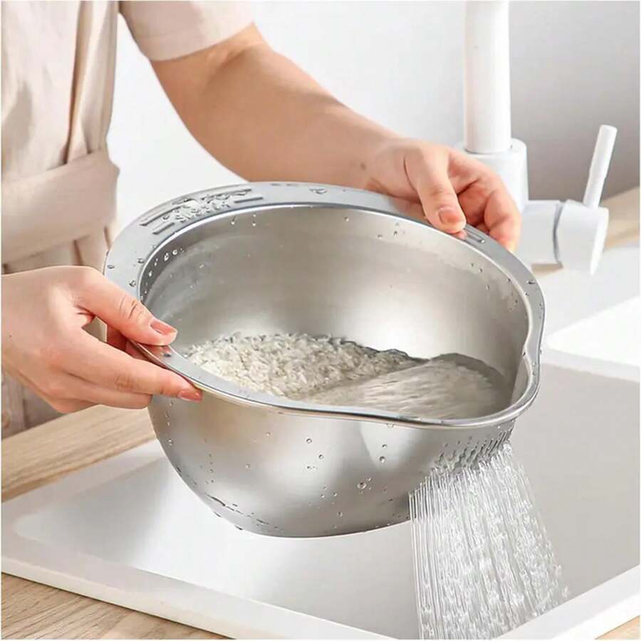 Rice Washing Bowl With Strainer Washer Strainer Bowl Side Drainers Colander For Cleaning Fruits Vegetables Beans Kitchen Tool - Silver - View 1
