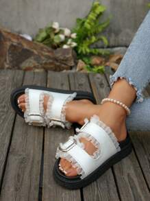 Women's Fashionable Versatile White Lace Trim Casual/Vacation Style Buckle Wedge Platform Thick Sole Slide Sandals, Minimalist Outdoor Wear