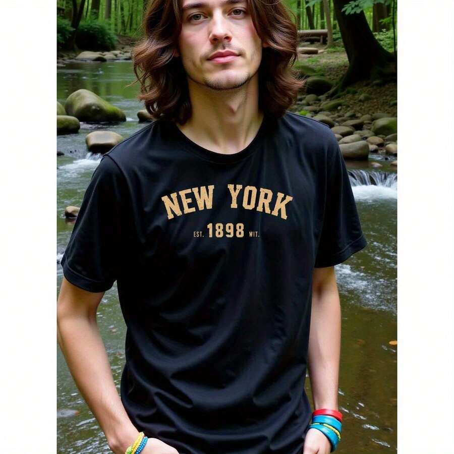 Natee New York Inspired Chic Crew Neck T-Shirt, 100% Cotton Fabric, Crew Neck, Short Sleeve, Regular Fit, All- Season Casual Wear For Men And Teens- Perfect For Running, Hiking, The Beach, And Parties As Gift - Black - View 1