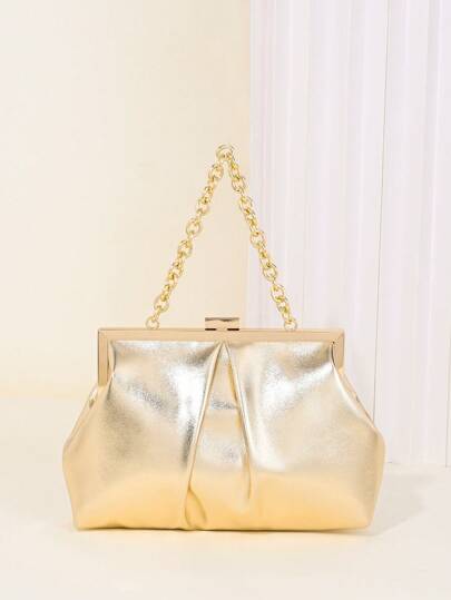 1 حقيبة مساء أنيقة مطوية بإقفال على شكل قبلة من جلد البولي يوريثان الناعم ، حاملة بسلسلة معدنية براقة ، حقيبة يد للحفلات والأعراس والولائم، حقيبة مسائية مربعة فاخرة