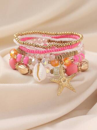 6pcs/Set Ocean Theme Colorful Resin Geometric Seashell Beaded Bohemian Layered Anklet Set, Suitable For Women To Wear Casually, On Beaches, Or As A Holiday Gift