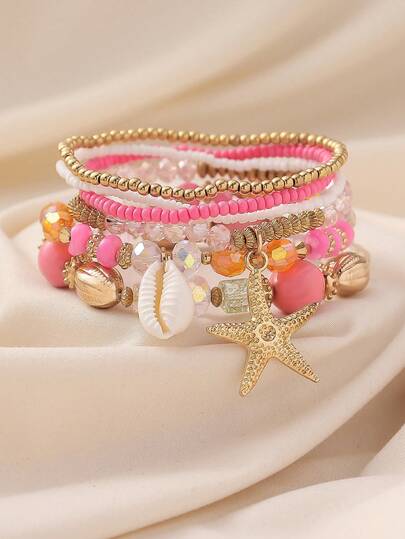 6pcs/Set Ocean Theme Colorful Resin Geometric Seashell Beaded Bohemian Layered Anklet Set, Suitable For Women To Wear Casually, On Beaches, Or As A Holiday Gift