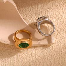 MamacitaSlay 1pc Vintage Style Stainless Steel 18K Gold Plated Elliptical Green Zirconia Stone Personalized Ring
