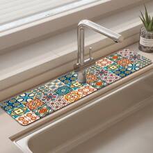 1pc Bohemian Silicone Drain Mat With Anti-Slip Vintage Pattern, Fits Various Faucets For Bathroom, Kitchen,Non-Slip Kitchen Mats For Sink Side, Natural And Hygienic Kitchen Essential For Home And Kitchen Room Decor, Part Of Your Cozy Fall& Winter Styles And Christmas Decorations