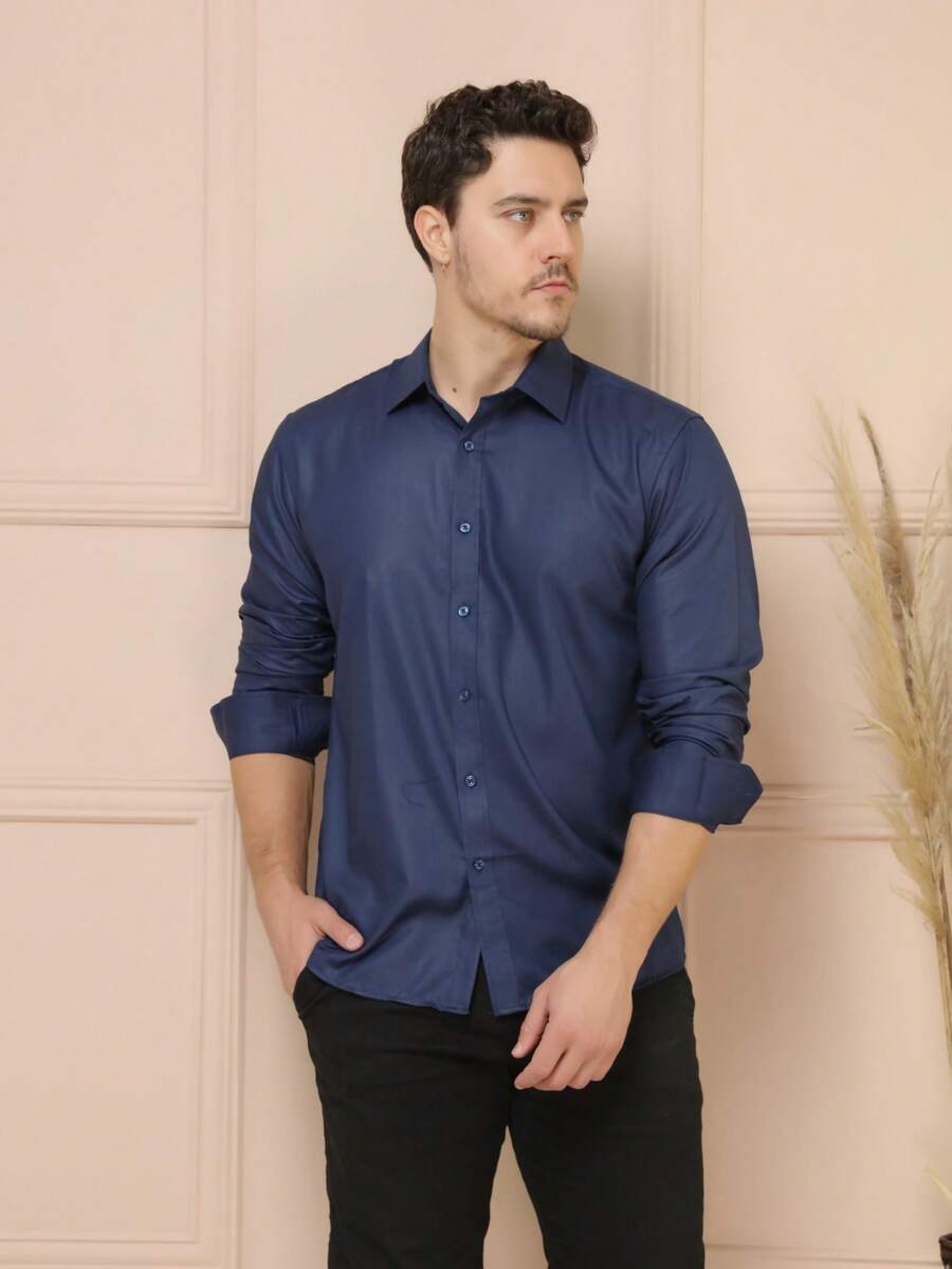 Men's Button Down Dress Shirt Long Sleeve Tie Dyed Polyester Cotton Summer Spring/Fall Regular Fit Pocket Buttons Front - Navy Blue - View 1