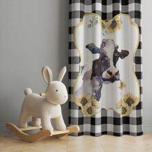 2 Panel Cow Farmhouse Kitchen Curtain Rod Pocket Short Sunflower Farm Animal Cow Plaid Pattern Living Room Bedroom Window Curtain