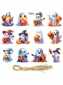 Set de 12 decoraciones de Halloween - Fantasmas de papel impactantes con murciélagos, calabazas e instrumentos musicales - Decoración de fiesta para interiores y exteriores, apta para Halloween, Día de los Muertos, Graduación, Día del Padre, Día de la Independencia - Sin necesidad de electricidad