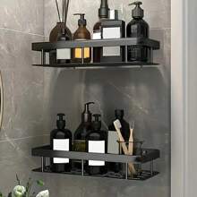 1/2pcs Anti-Rust Shower Corner Rack With Hooks, Wall Mounted Adhesive Shower Storage Shelf, Bathroom Storage Rack, Floating Wall Mounted Rack Back To School