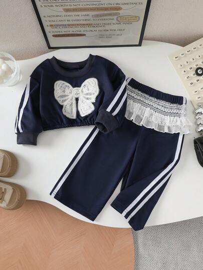 2pcs/Set Baby Girls Casual Drop Shoulder Striped Bow Sweatshirt & Vertical Striped Ruffle Pants Set, Suitable For Outdoor Warmth In Autumn/Winter